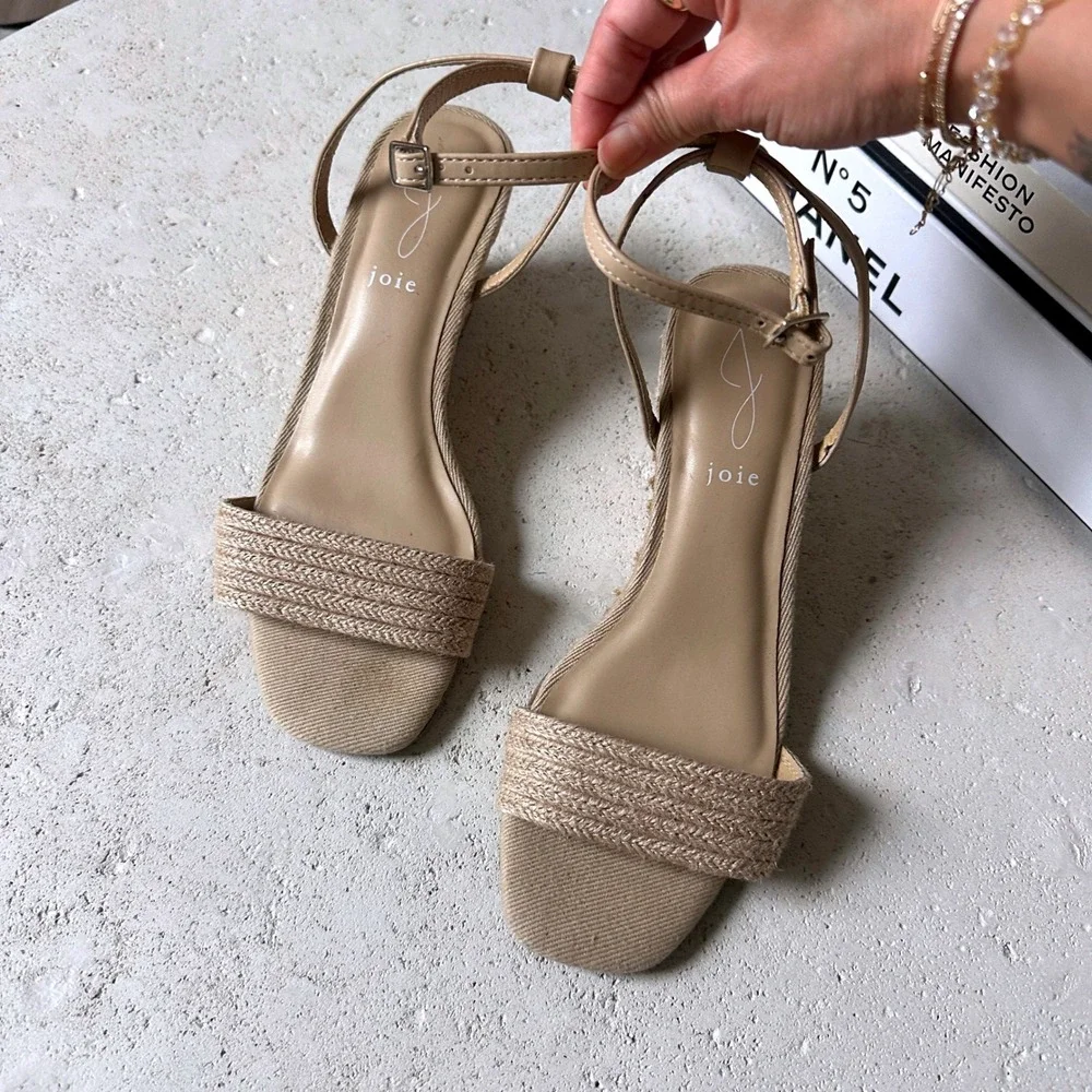 Joie Lila Woven Espadrille Strappy Ankle Wedge Sandals Slides Tan Beige Boho 8